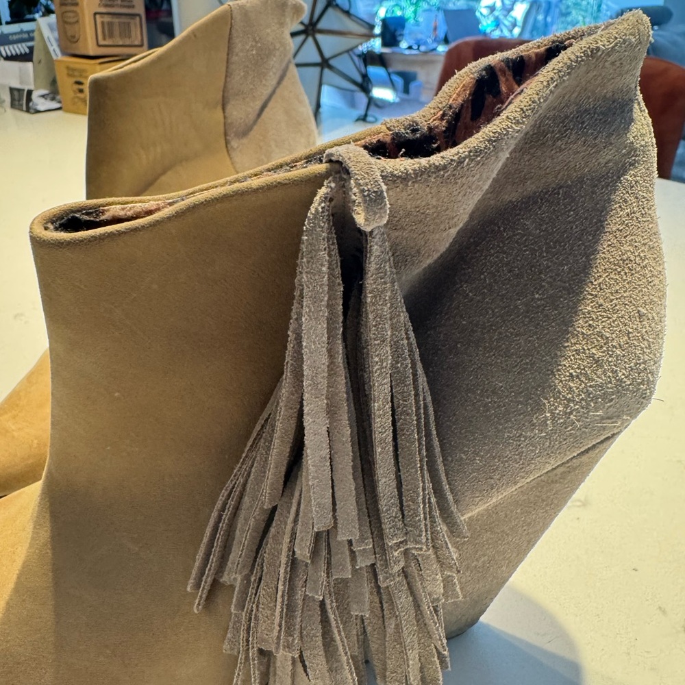 Suede Fringe Ankle Boots - Tan